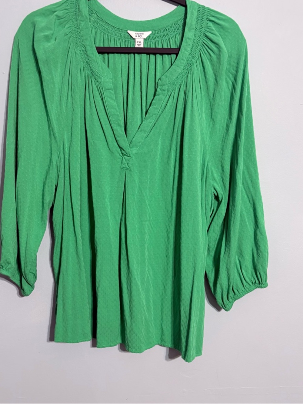 XXL Crown and Ivy Green Women's Peasant Blouse 3/4 sleeved V-neck loose fit